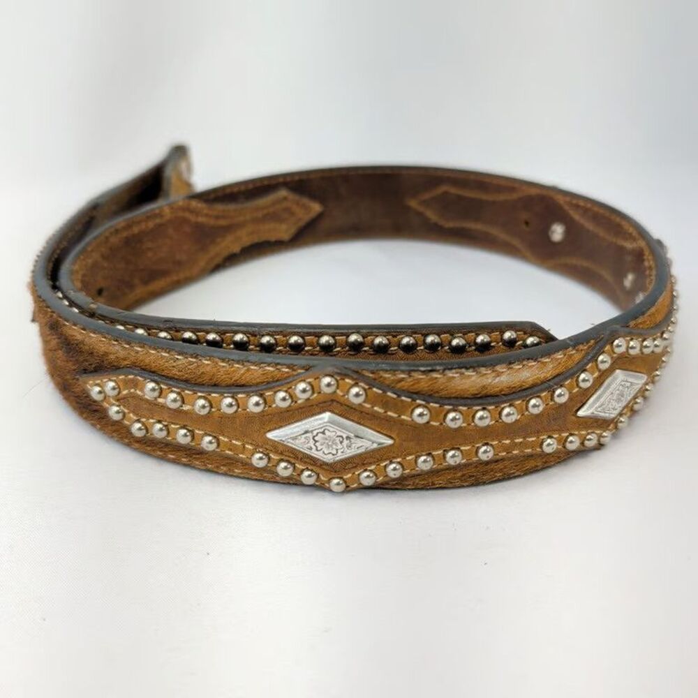 Nocona Western Belt Strap Hair On Hide Studded Concho Rodeo Mens Size 32 Leather